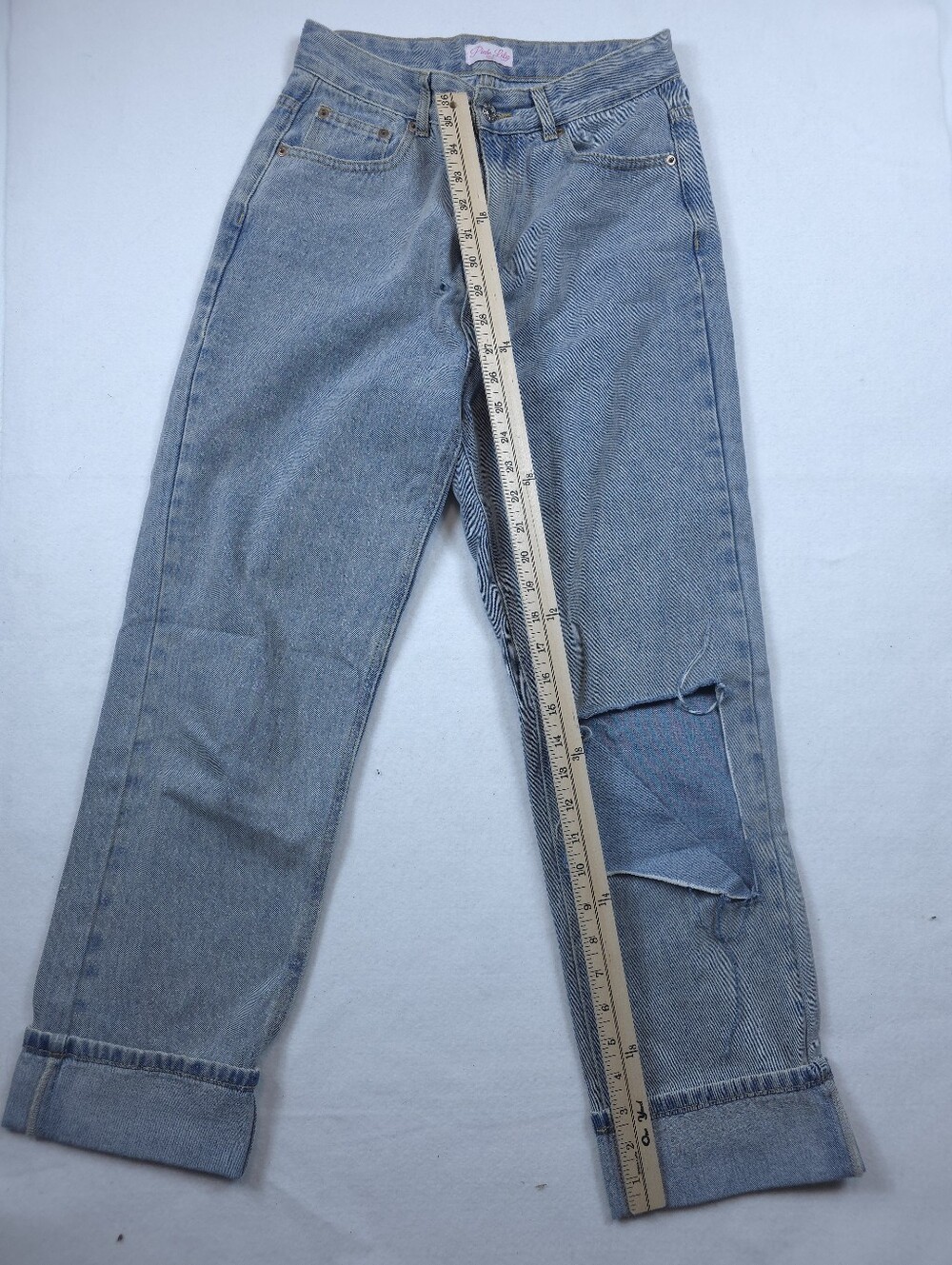 Pink Lily Womens Size 26 Light Wash Distressed Straight Leg Cuffed Jeans